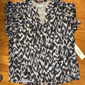 Calvin Klein Short Ruffle Sleeve Shirt Top Black White